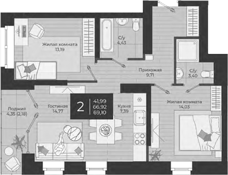 Планировка — Nova, 3-комн., 67 м²
