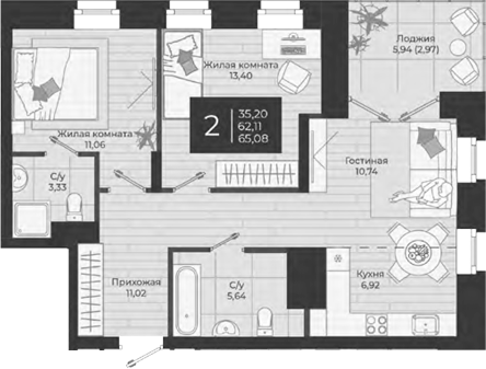 Планировка — Nova, 3-комн., 62 м²