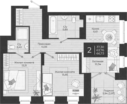 Планировка — Nova, 3-комн., 64 м²