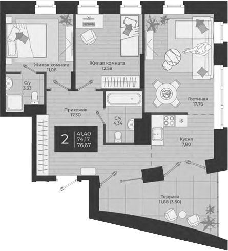 Планировка — Nova, 3-комн., 74 м²