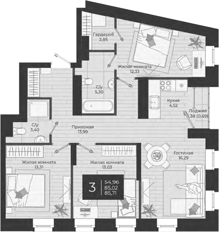 Планировка — Nova, 4-комн., 85 м²