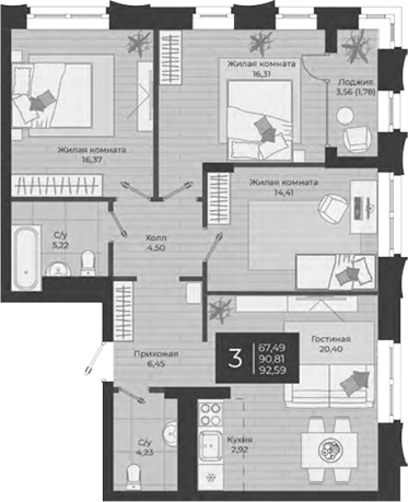 Планировка — Nova, 4-комн., 91 м²