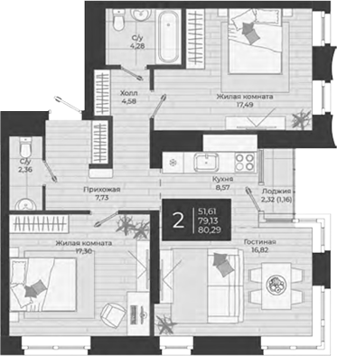 Планировка — Nova, 3-комн., 79 м²