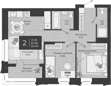 Планировка — Nova, 3-комн., 54 м²