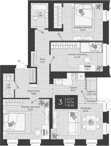 Планировка — Nova, 4-комн., 96 м²