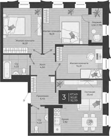 Планировка — Nova, 4-комн., 91 м²
