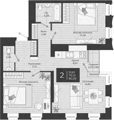 Планировка — Nova, 3-комн., 79 м²