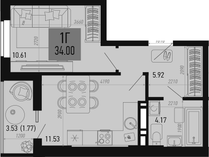 Планировка — Столицыно, 1-комн., 32 м²