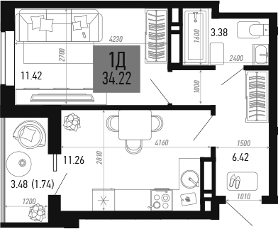 Планировка — Столицыно, 1-комн., 32 м²