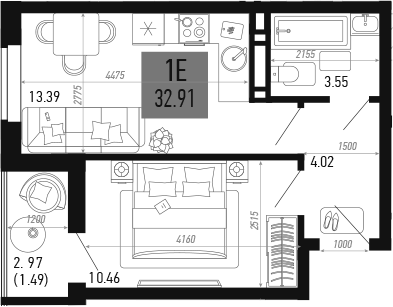 Планировка — Столицыно, 1-комн., 31 м²