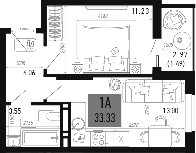 Планировка — Столицыно, 1-комн., 32 м²