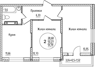 Планировка — Друг, 2-комн., 50 м²