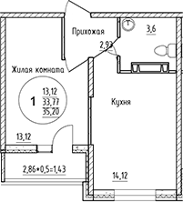 Планировка — Друг, 1-комн., 34 м²