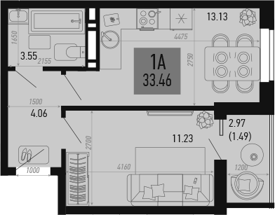 Планировка — Столицыно, 1-комн., 32 м²