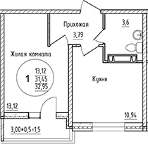 Планировка — Друг, 1-комн., 31 м²