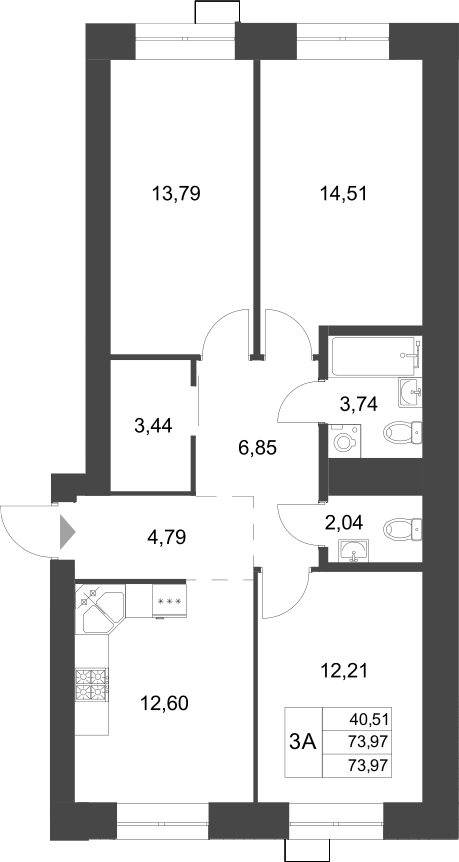 Планировка — Царево City, 3-комн., 74 м²