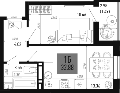 Планировка — Столицыно, 1-комн., 31 м²