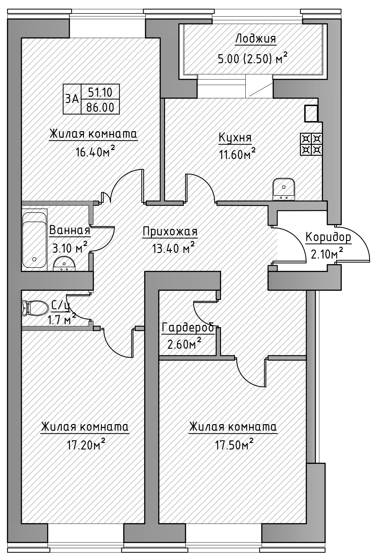 Планировка — Зеленая долина, 3-комн., 84 м²
