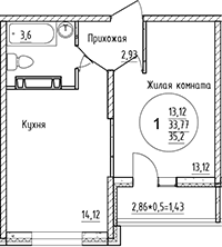Планировка — Друг, 1-комн., 34 м²