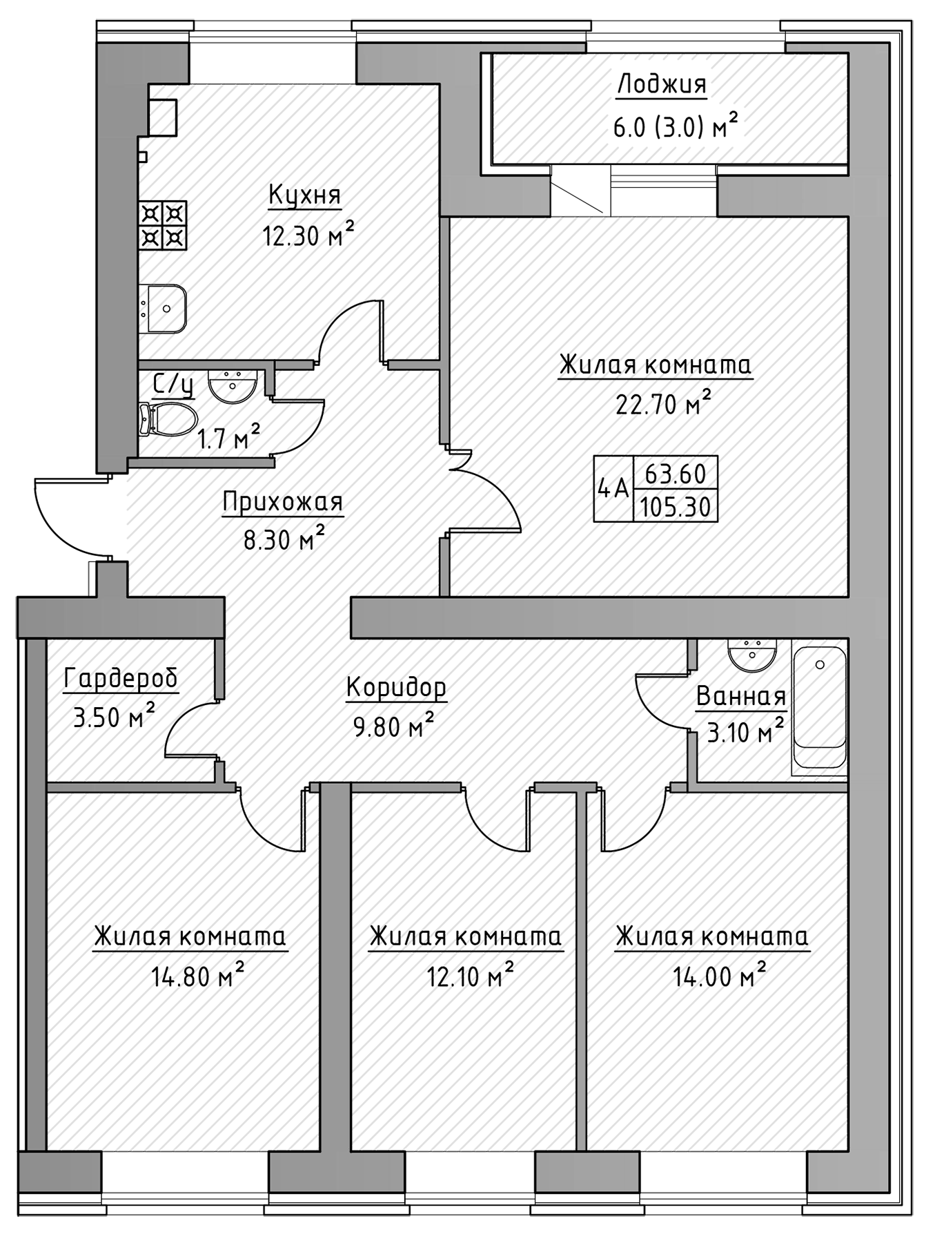 Планировка — Зеленая долина, 4-комн., 102 м²