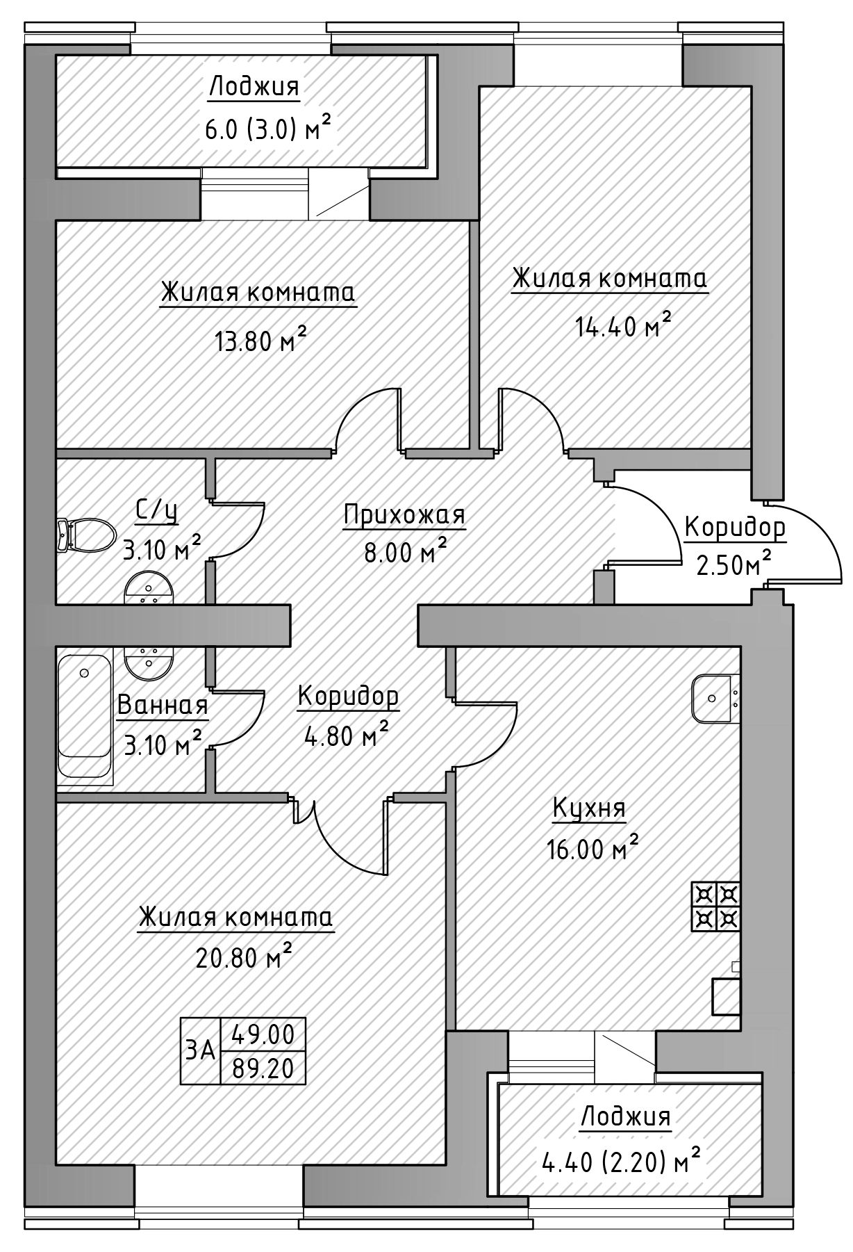 Планировка — Зеленая долина, 3-комн., 84 м²
