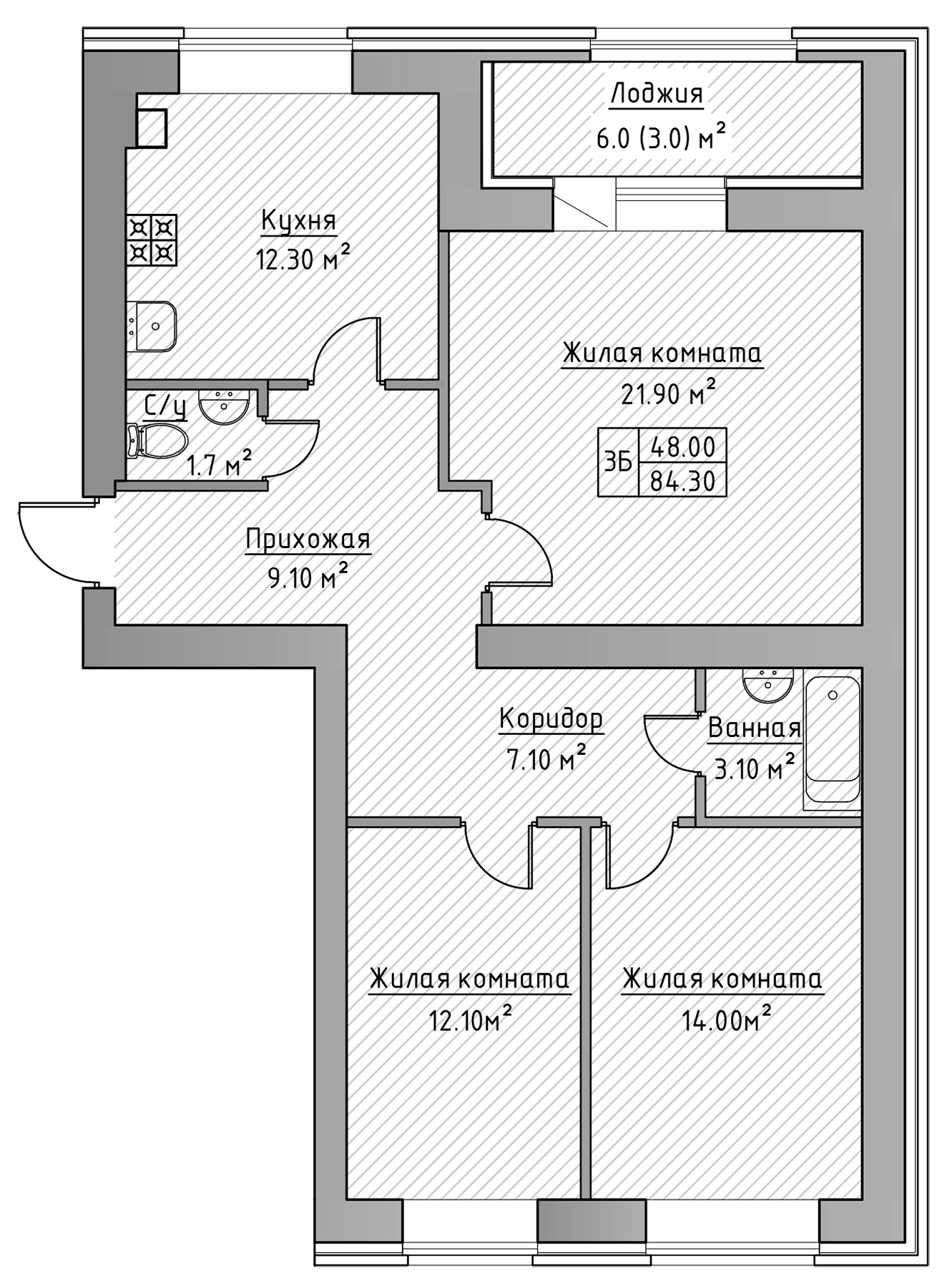 Планировка — Зеленая долина, 3-комн., 81 м²