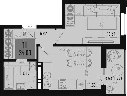 Планировка — Столицыно, 1-комн., 32 м²