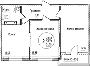 Планировка — Друг, 2-комн., 50 м²