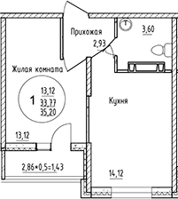 Планировка — Друг, 1-комн., 34 м²