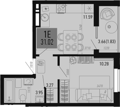 Планировка — Столицыно, 1-комн., 29 м²