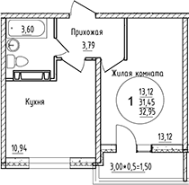 Планировка — Друг, 1-комн., 31 м²