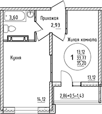 Планировка — Друг, 1-комн., 34 м²