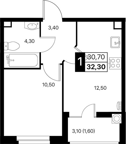Планировка — Эстет, 1-комн., 31 м²