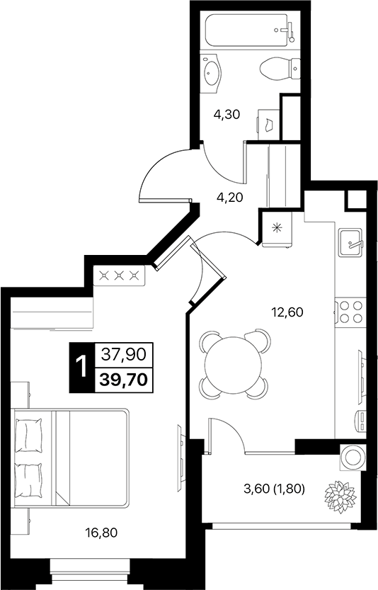 Планировка — Эстет, 1-комн., 38 м²