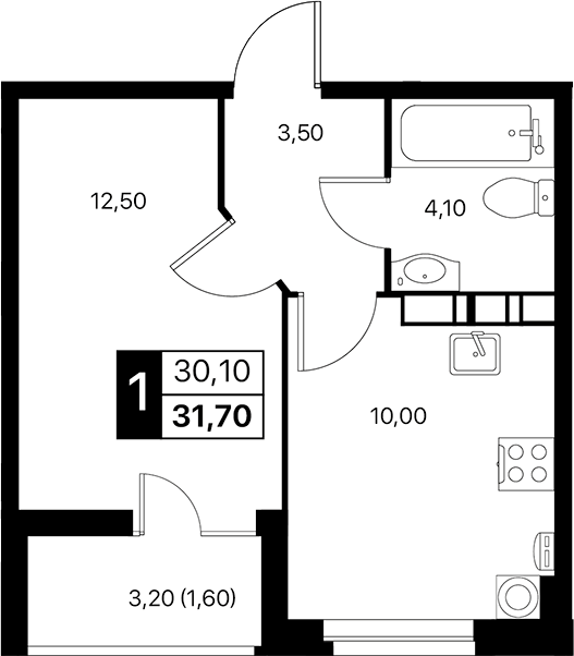 Планировка — Эстет, 1-комн., 30 м²
