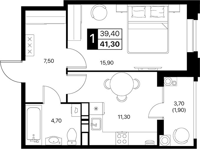Планировка — Эстет, 1-комн., 39 м²