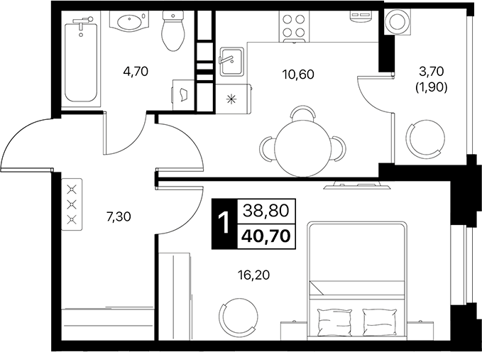 Планировка — Эстет, 1-комн., 39 м²