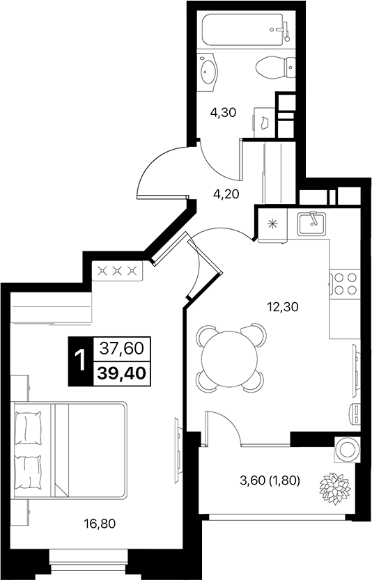 Планировка — Эстет, 1-комн., 38 м²