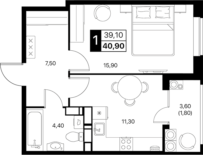 Планировка — Эстет, 1-комн., 39 м²
