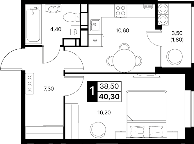 Планировка — Эстет, 1-комн., 39 м²