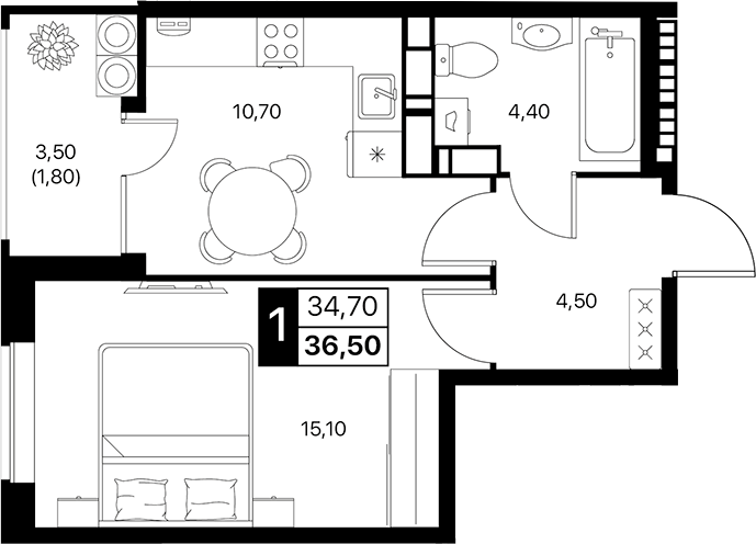 Планировка — Эстет, 1-комн., 35 м²
