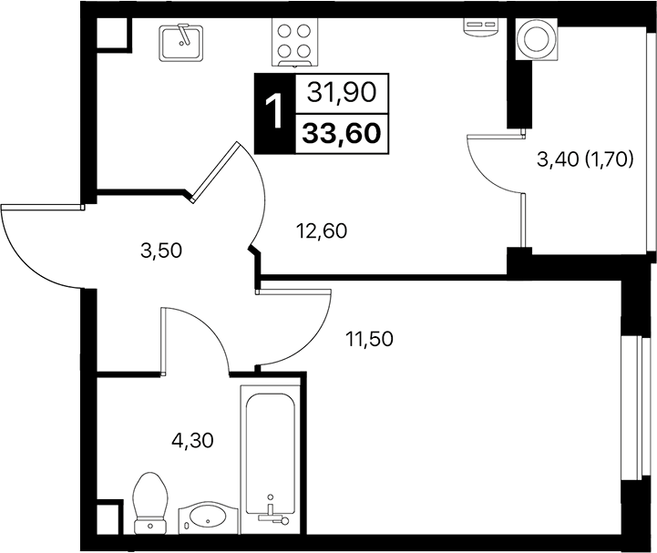 Планировка — Эстет, 1-комн., 32 м²