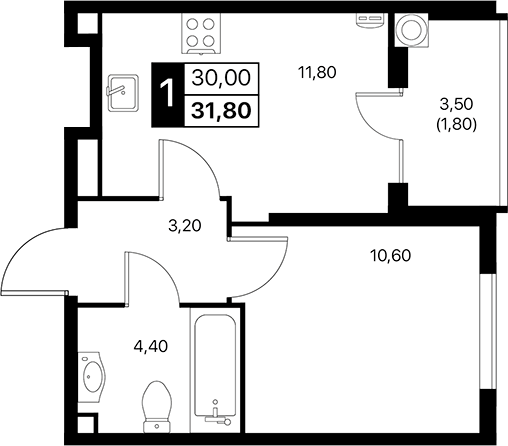 Планировка — Эстет, 1-комн., 30 м²