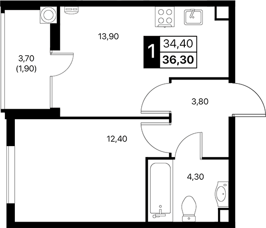 Планировка — Эстет, 1-комн., 34 м²