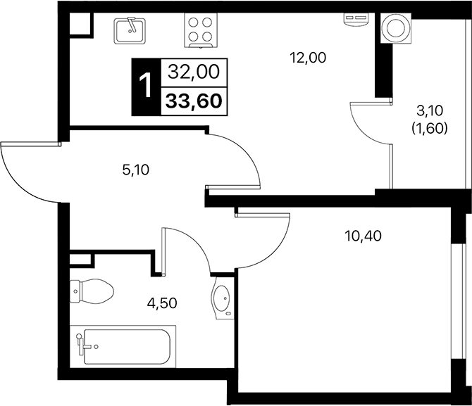 Планировка — Эстет, 1-комн., 32 м²