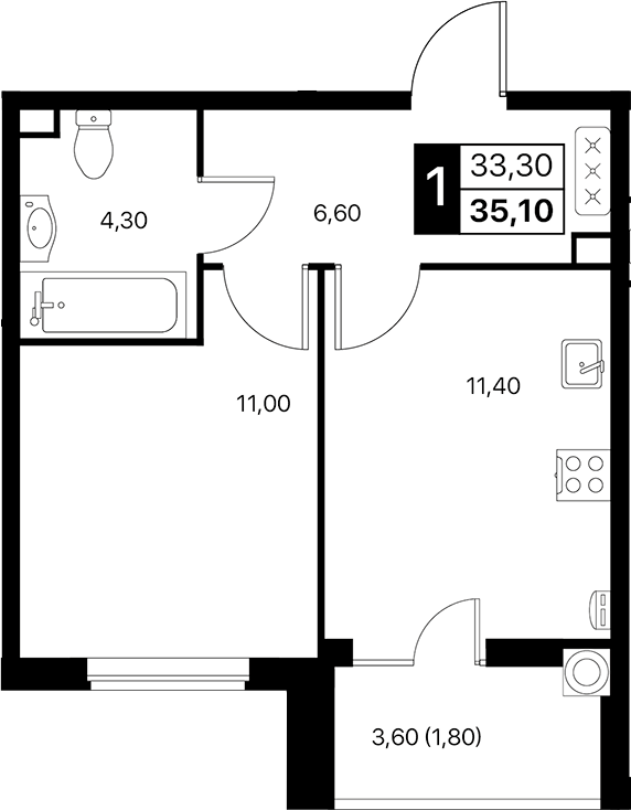 Планировка — Эстет, 1-комн., 33 м²