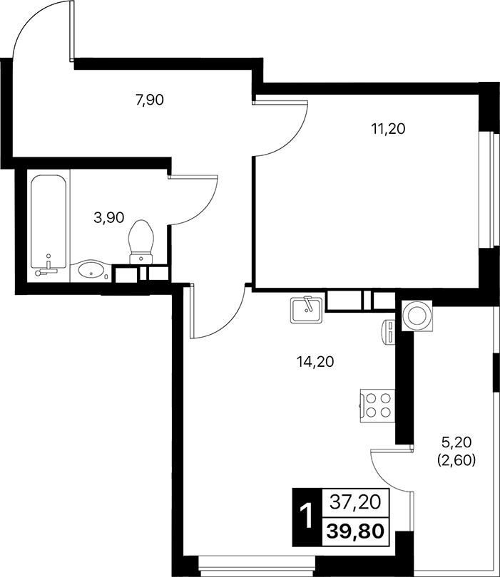 Планировка — Эстет, 1-комн., 37 м²