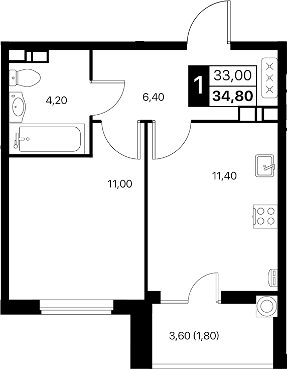 Планировка — Эстет, 1-комн., 33 м²