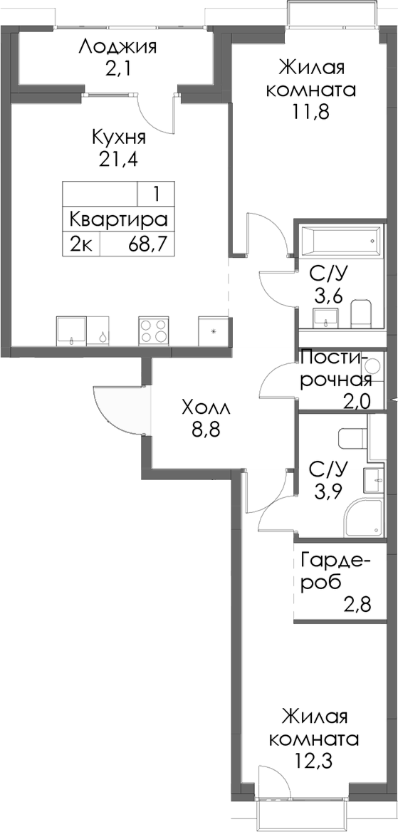 Планировка — Сиберово, 2-комн., 67 м²