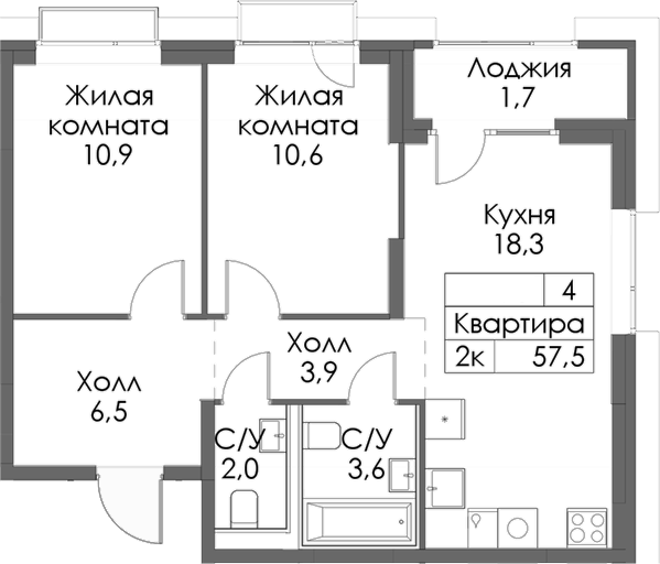 Планировка — Сиберово, 2-комн., 56 м²